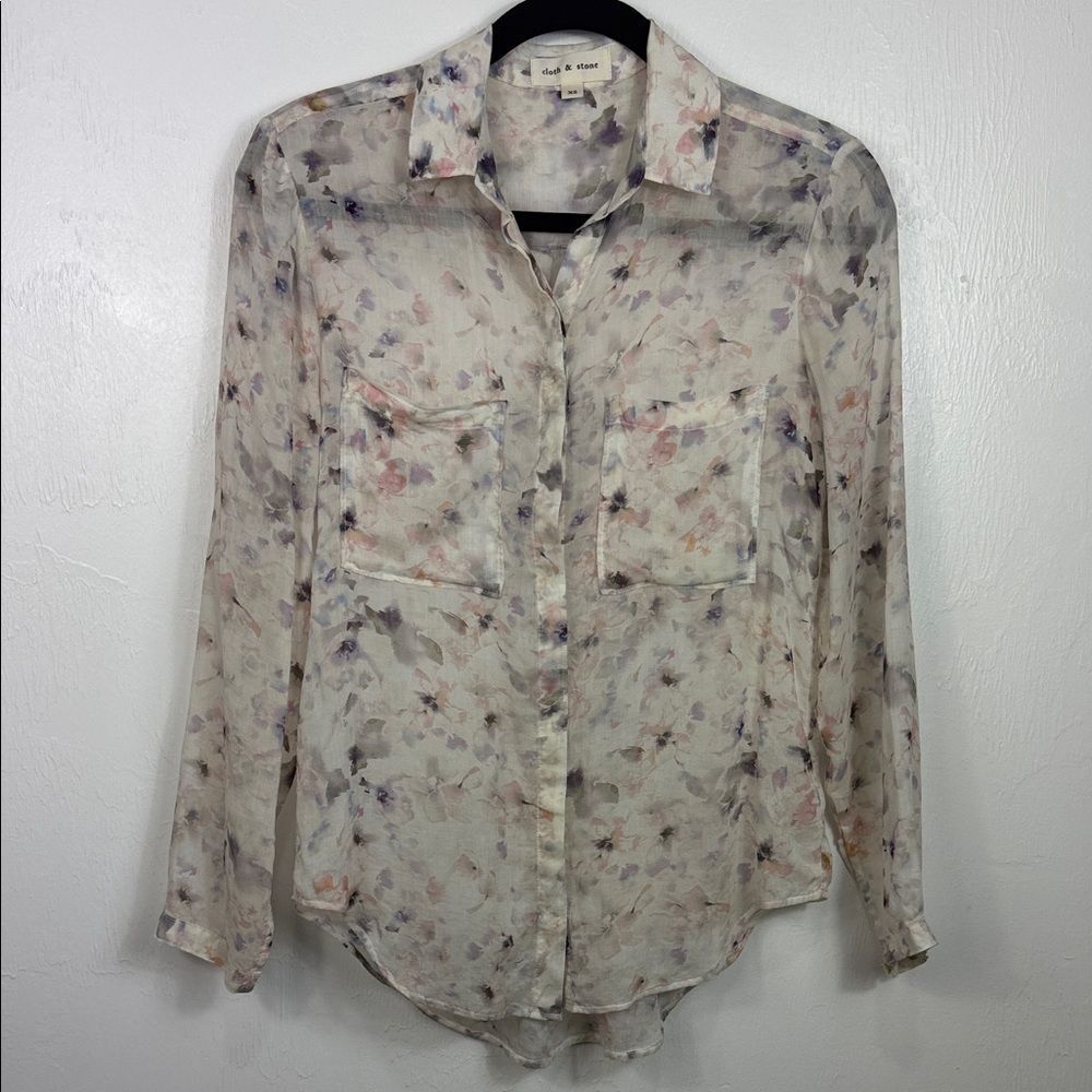 Cloth & Stone XS Watercolor Floral Sheer Button Front Pocket Blouse - Picture 2 of 11